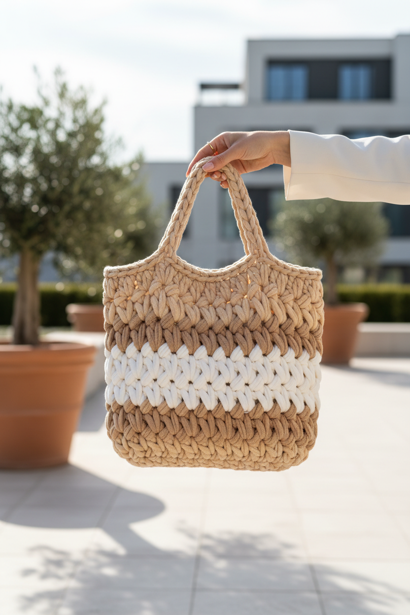 Woman holding a handmade crochet🧶 handbag outdoors in natural light☀️