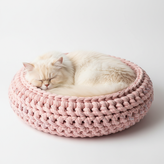 Cat in pink crochet bed