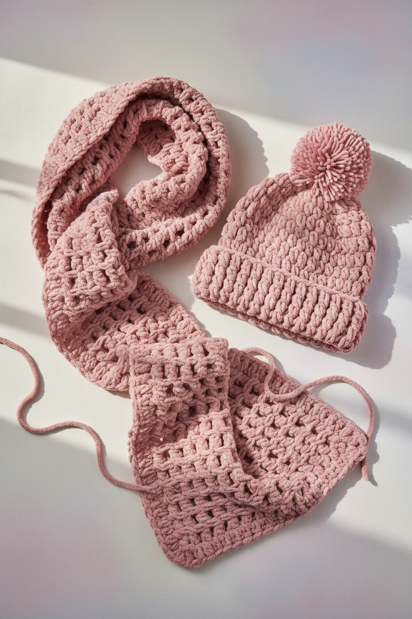 Chunky crochet beanie and scarf set pattern PDF, cozy winter hat and scarf tutorial ✨