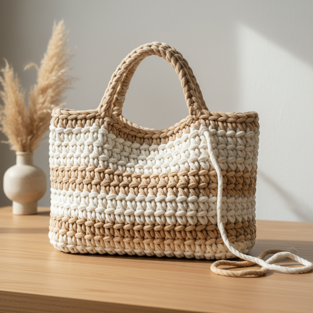 Detailed crochet stitch texture of a cream and sand luxury bag🧶 