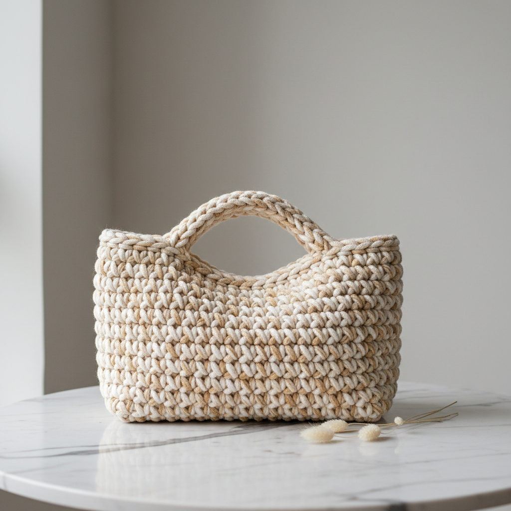 Side view of a handmade minimalist crochet tote bag pattern😍