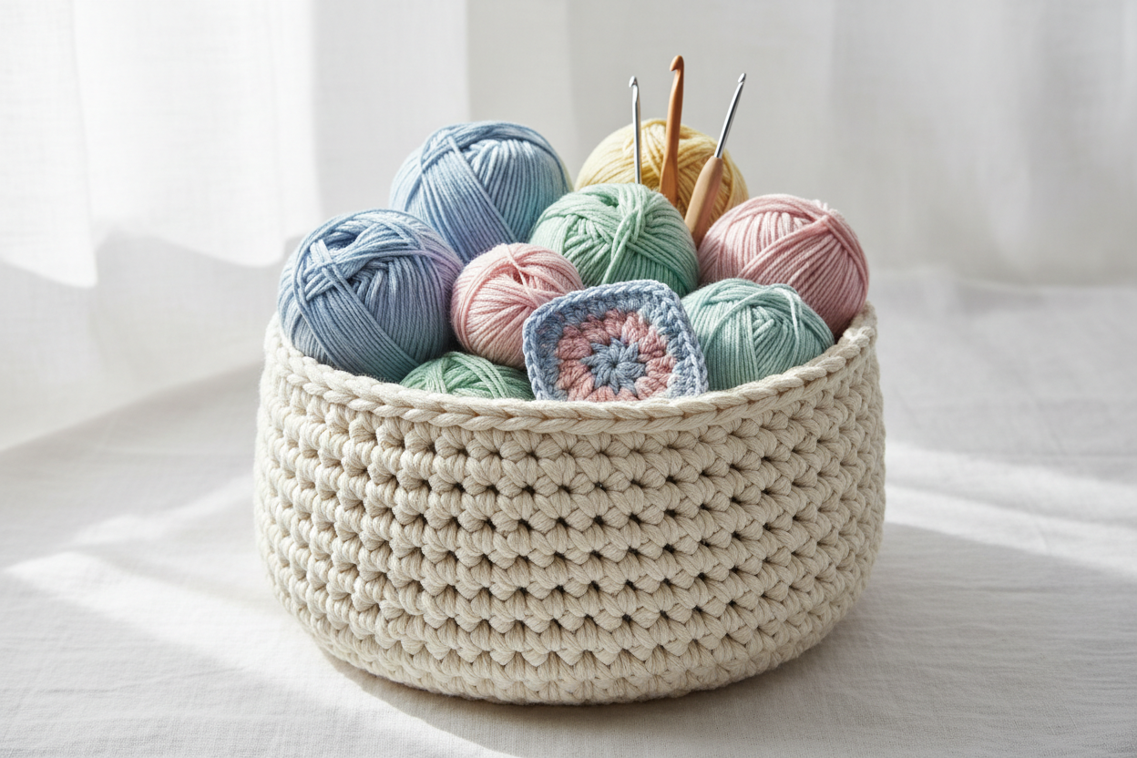 Crocheted Yarn Basket Flat Lay