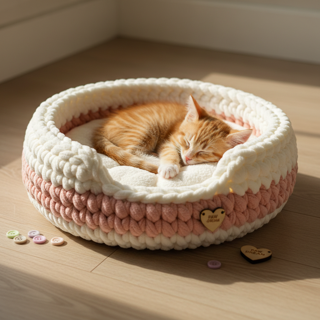 Cozy chunky crochet cat bed pattern PDF, luxury handmade pet nest for kittens✨