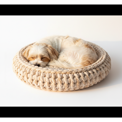 Dog in cream crochet bed