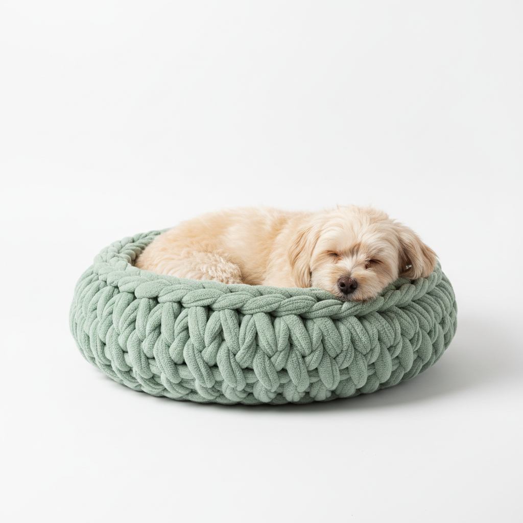 Dog in sage green crochet bed