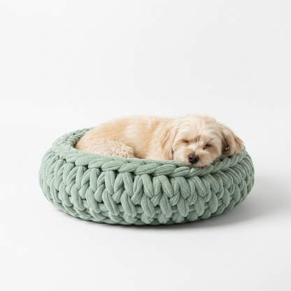 Dog in sage green crochet bed