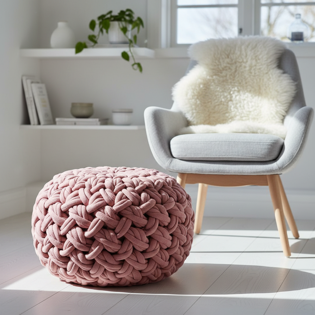 Chunky crochet pouf pattern PDF, modern floor ottoman seating for living room decor ✨