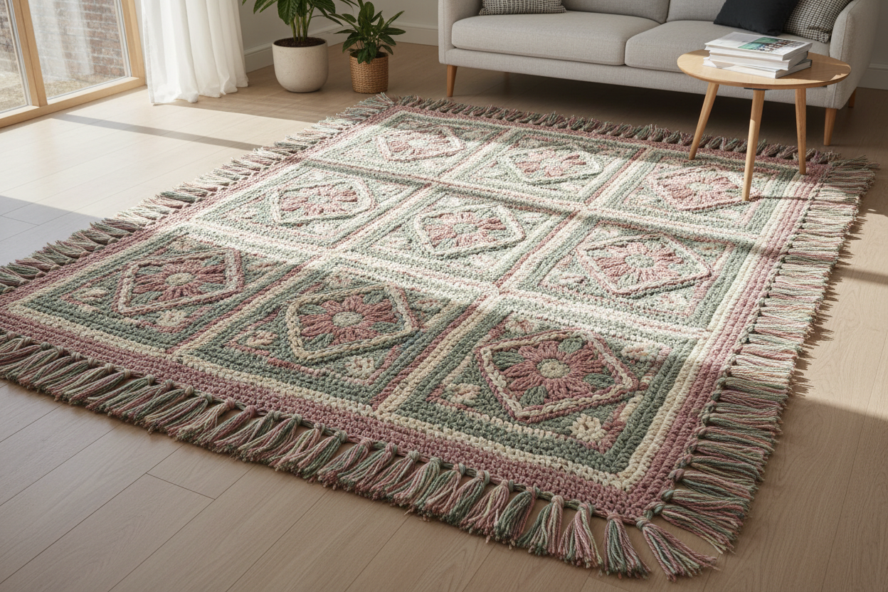 Elegant square bohemian crochet rug pattern PDF download, luxury textured area rug for living room decor ✨
