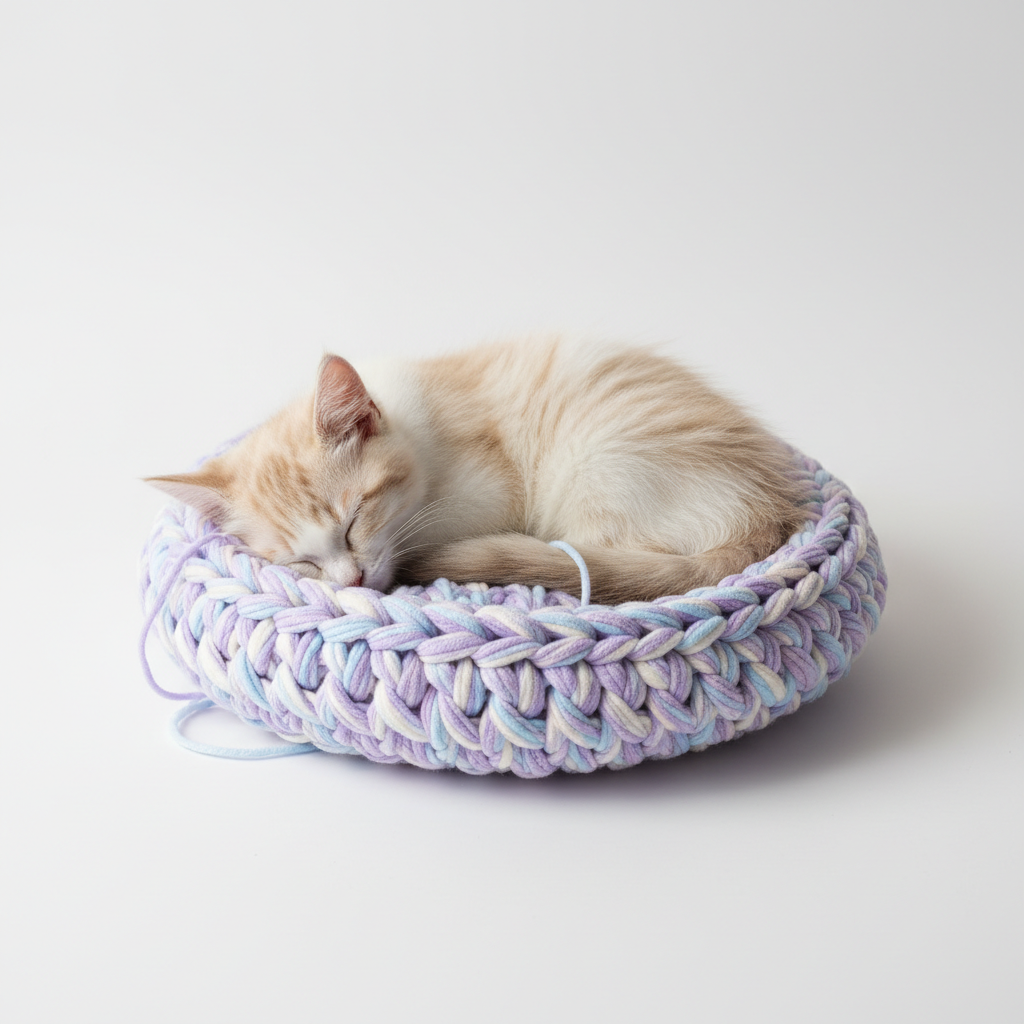 Kitten in lavender crochet bed