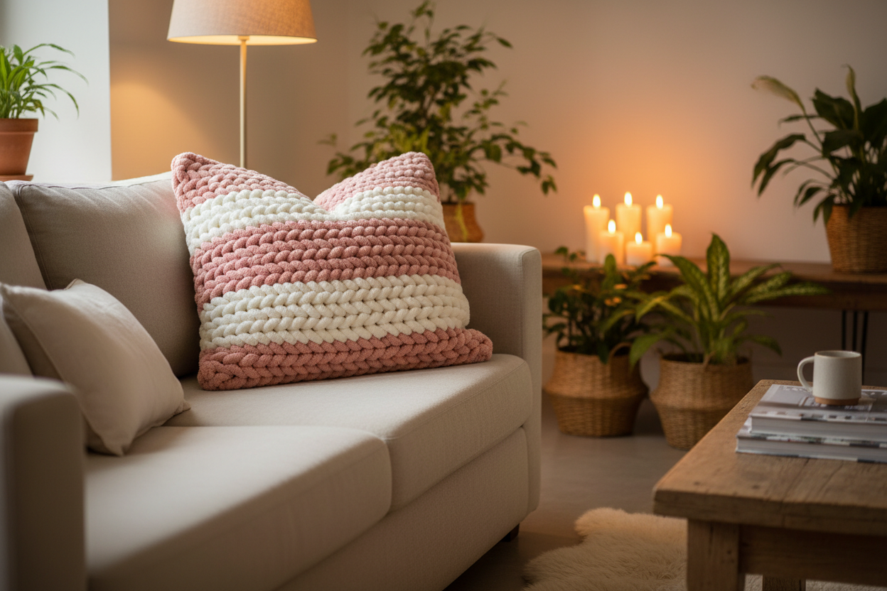 Elegant pink and white crochet pillow styled on a white sofa in a cozy, warm living room setting with candles😌🕯️