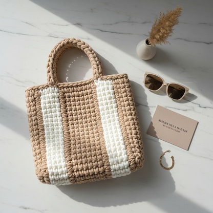 Luxury modern crochet bag pattern on marble background with accessories✨