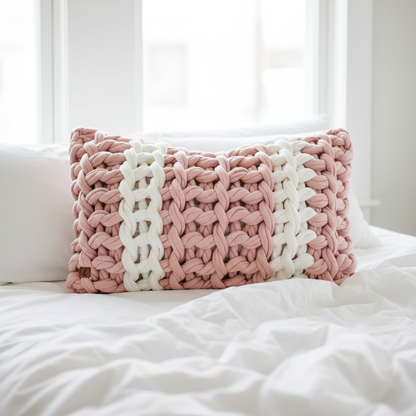 Handmade modern crochet cushion with soft pink and white stripes, perfect for minimalist home decor😍✨