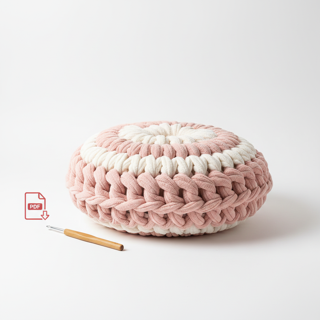 Round handmade crochet🧶 floor pillow or pouf in pink and white yarn with a modern aesthetic design✨