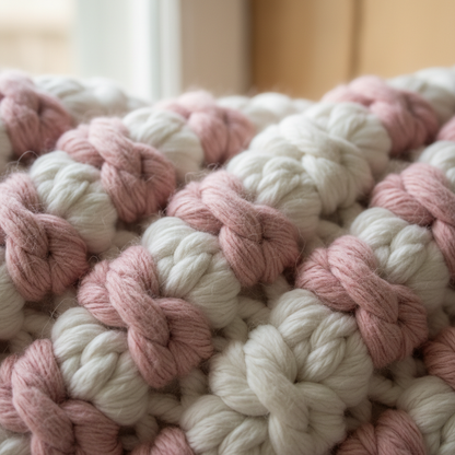 Close-up shot of the intricate blossom crochet stitch in pink and white yarn, showcasing the high-quality texture👌🏻✨